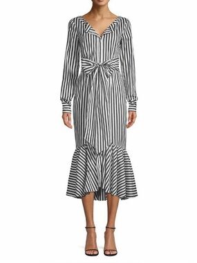 NEW w/tags MILLY $595 Erika Black/White Striped Button Up Tie Waist. Size 4.